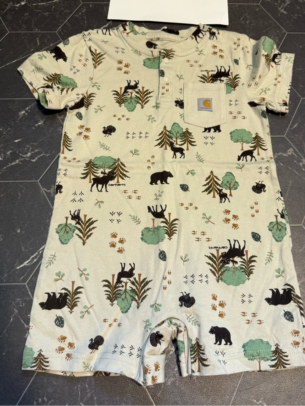 Carhartt Cream with Green & Brown Woodland Bear Romper